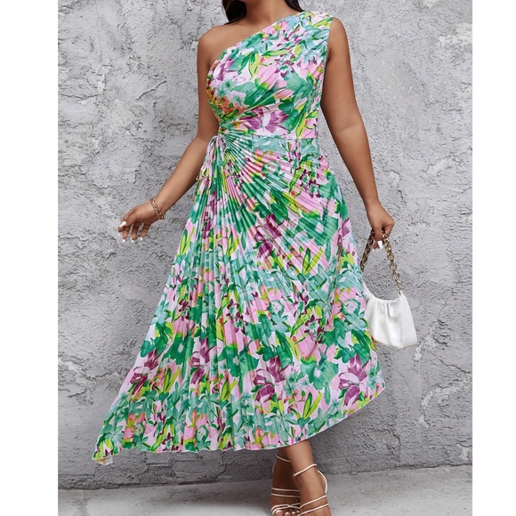 Boho Floral Print Cut out Pleated One Shoulder Maxi Dress - Picture 3 of 6